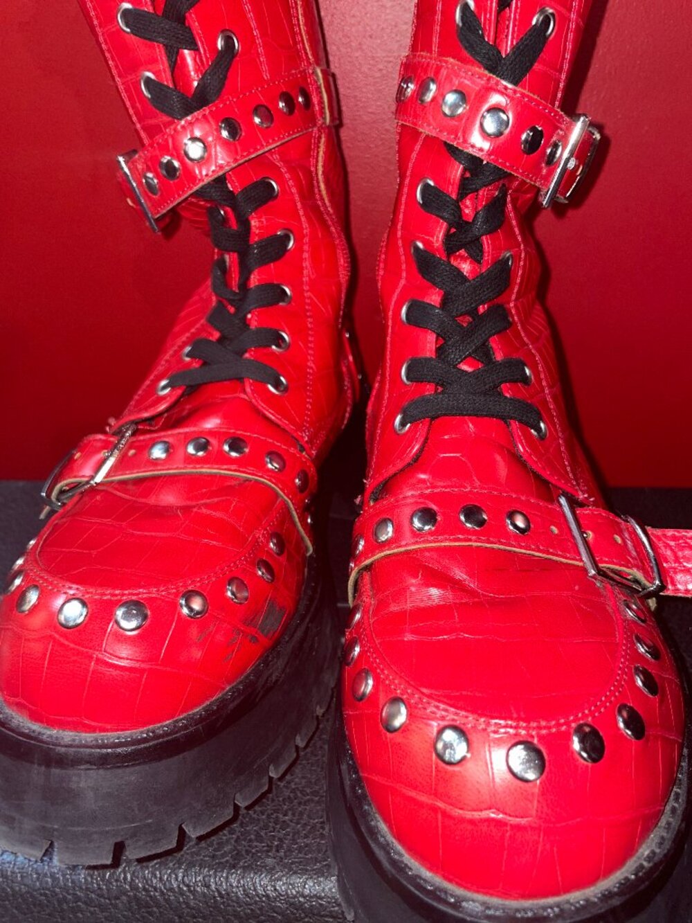 ASOS red studded combat boot 8 - Picture 5 of 13